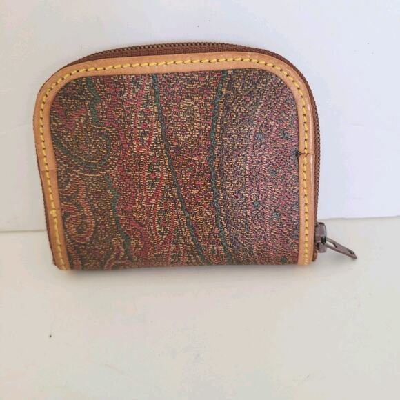 Auth Etro Paisley Brown Leather Mini Pill Coin Case Small Wallet Pouch Zip 3x2 - Picture 1 of 8